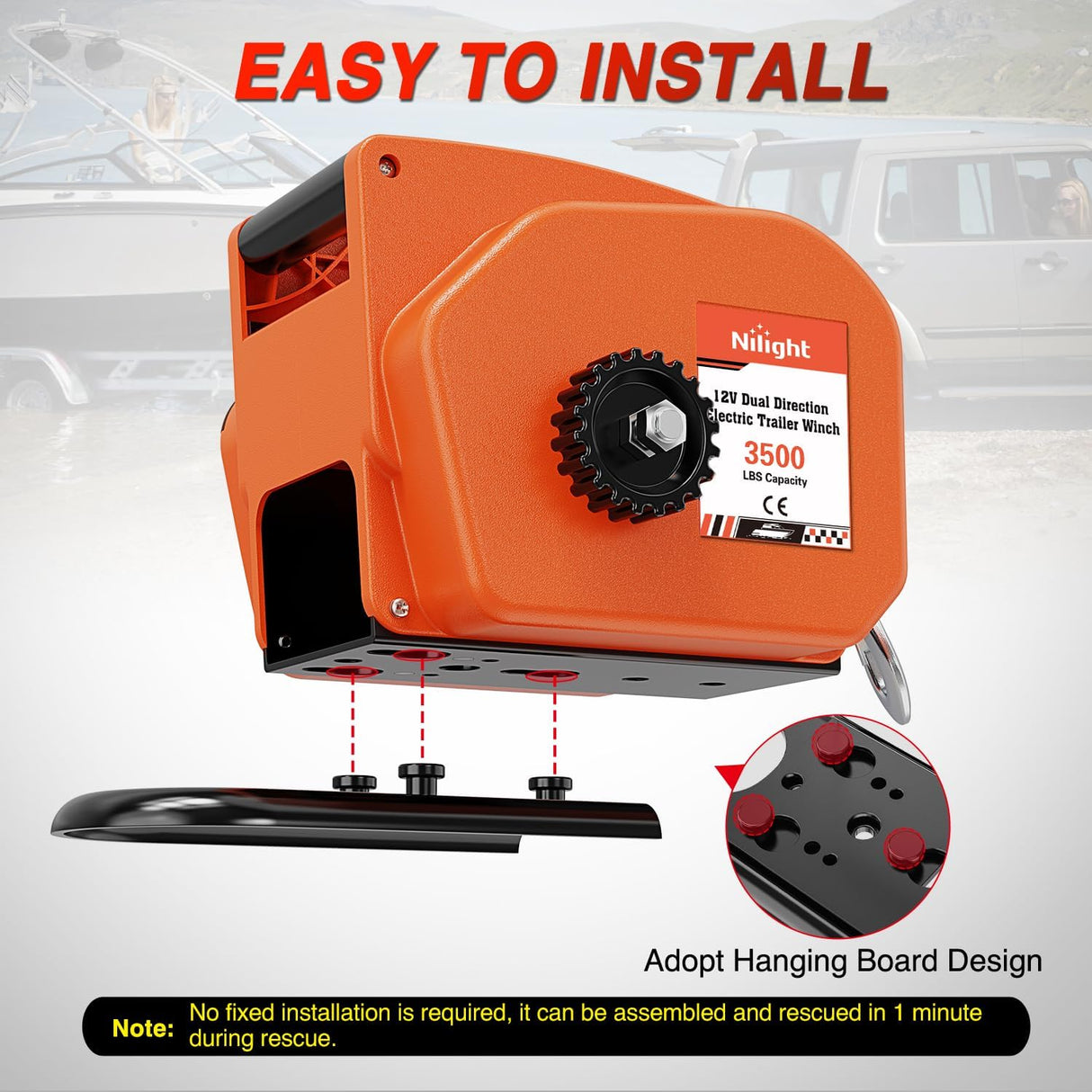 Boat Trailer Winch 3500 lbs Portable Electric Boat Winches 12 V DC Marine Winch with Synthetic Rope Remote Control Hand Crank Power-In Freewheel Waterproof Winch for Boat Trailer Towing Orange