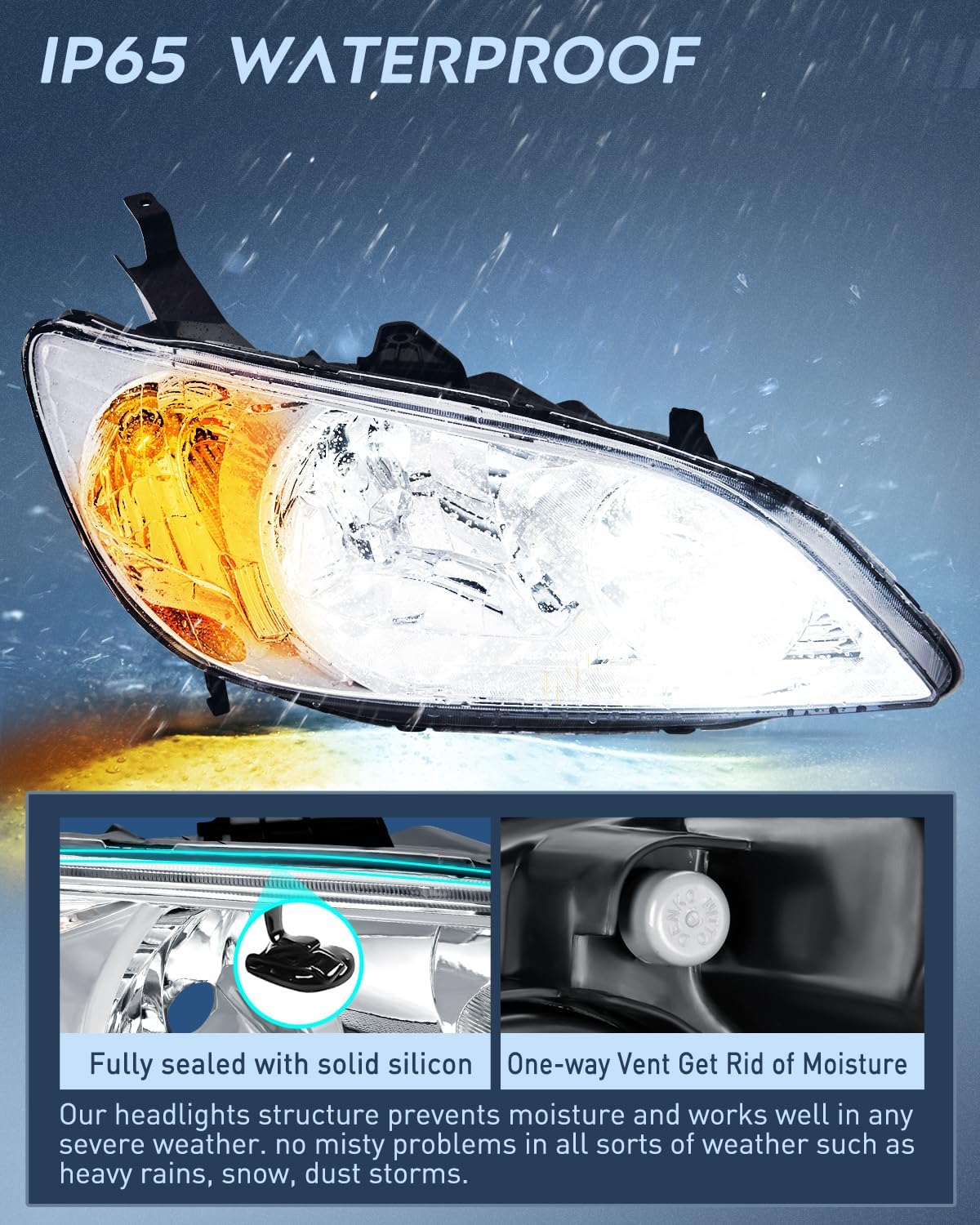 2004 2005 Honda Civic Headlight Assembly Chrome Housing Amber Reflector Upgraded Clear Lens Nilight