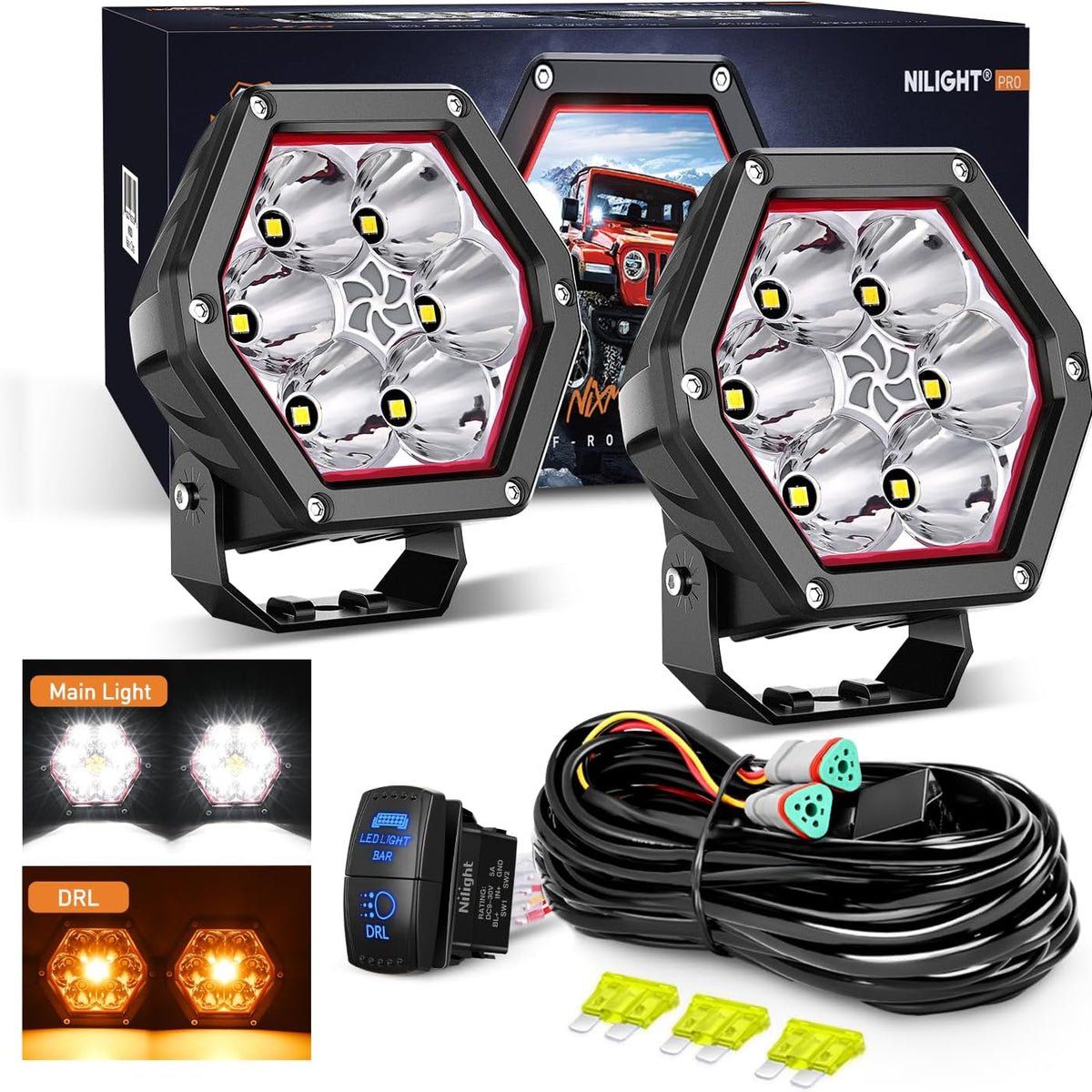 LED Pod Lights with Amber DRL 4 Inch 30 W Hexagon Offroad Driving 2600 ...