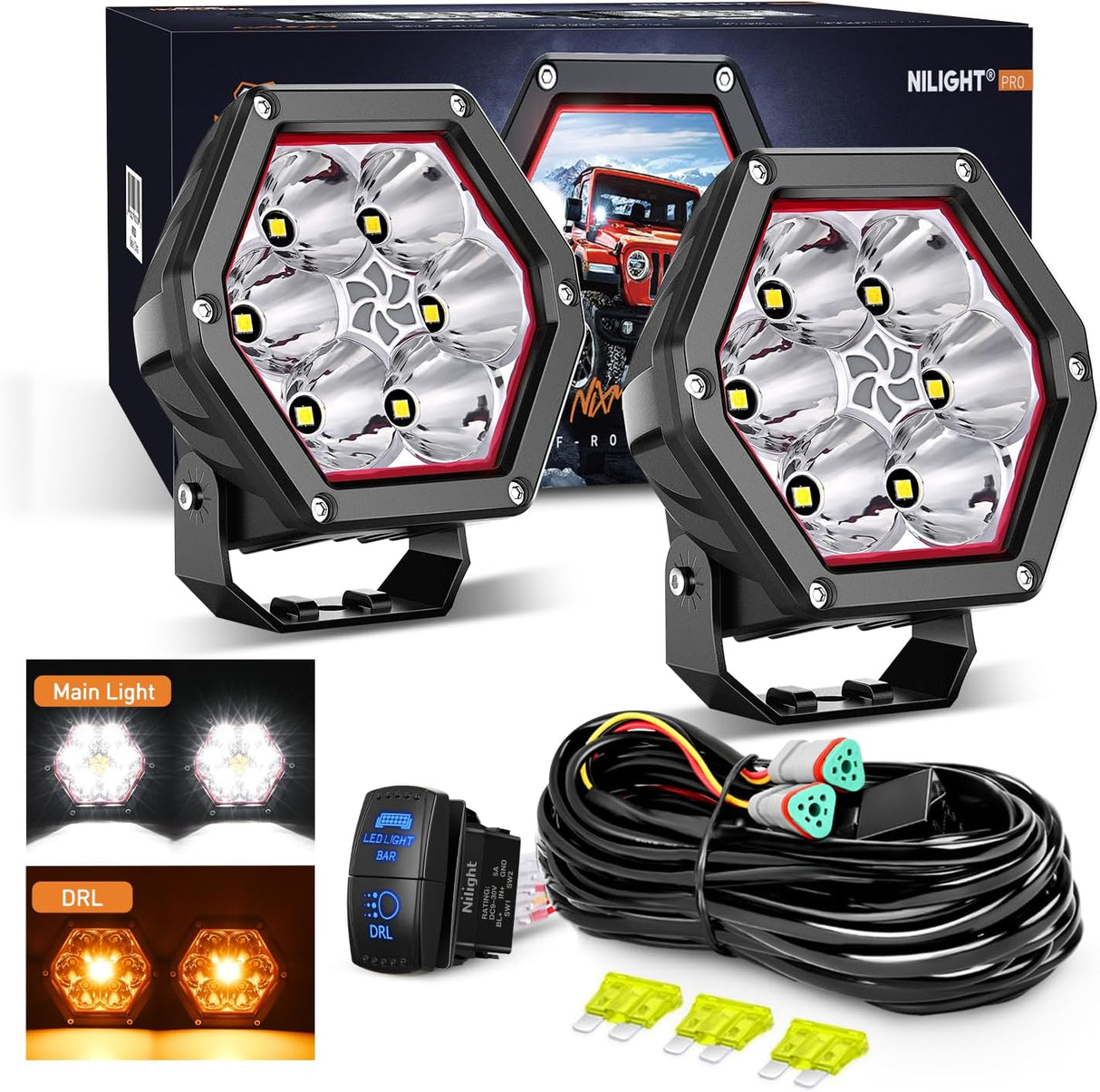 LED Pod Lights with Amber DRL 4 Inch 30 W Hexagon Offroad Driving 2600 LM Super Spot Light 16 AWG Wiring Harness Kit for LED Auxiliary Work Lights for Truck UTV ATV SUV 4x4