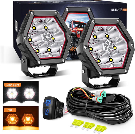LED Pod Lights with Amber DRL 4 Inch 30 W Hexagon Offroad Driving 2600 LM Super Spot Light 16 AWG Wiring Harness Kit for LED Auxiliary Work Lights for Truck UTV ATV SUV 4x4