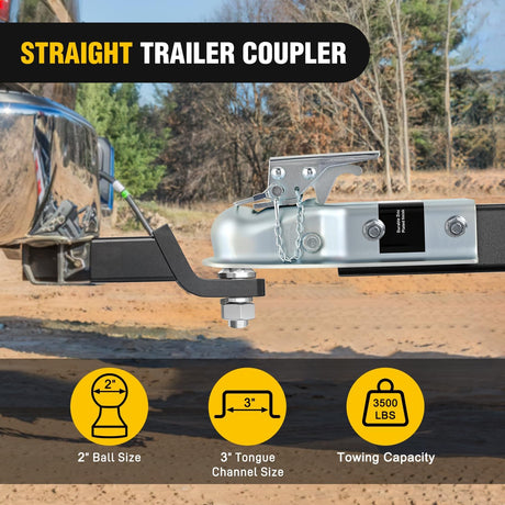 Straight Trailer Coupler with Security Latch&Chain for 2-Inch Hitch Ball, 3-Inch Channel,3500 LBS,Heavy Duty Trailler Tongue Coupler for Station Wagon, Truck, Bolted & Welded Installation