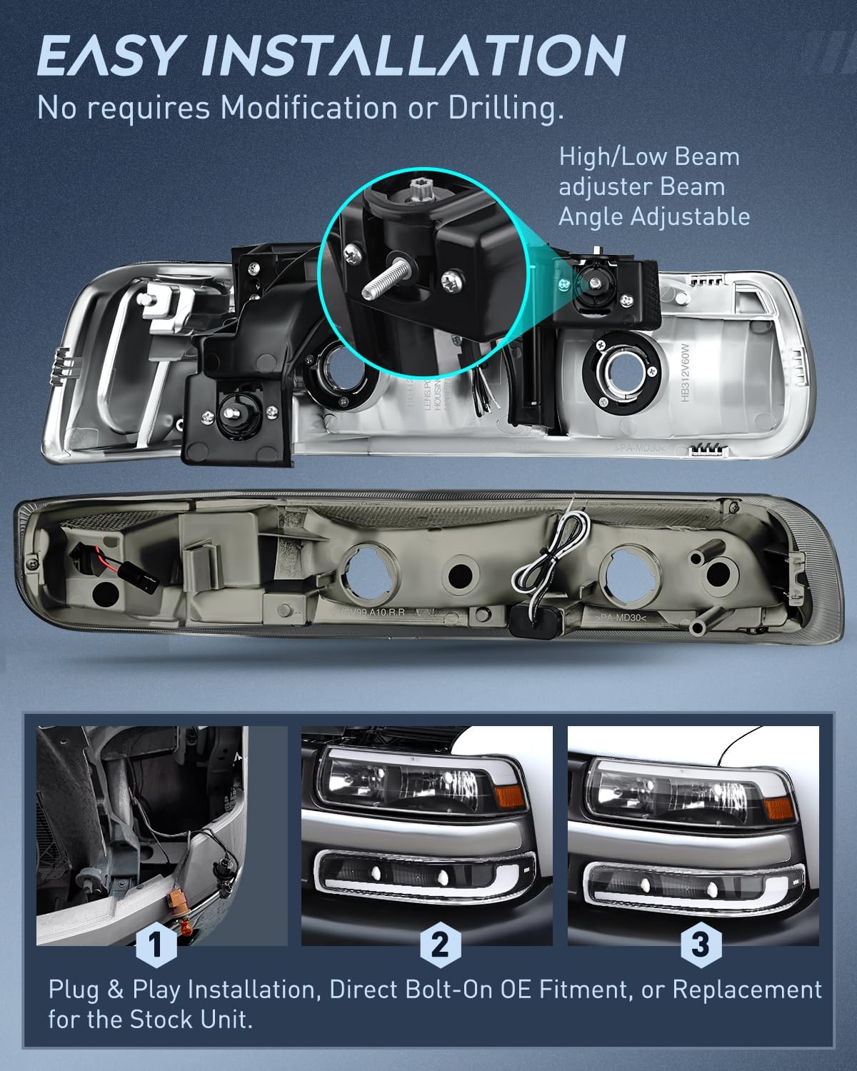 LED DRL Headlight Assembly for 1999 2000 2001 2002 Chevy Silverado 1500 1500HD 2500 2500HD 3500 Chevrolet Tahoe Suburban Replacement Headlamp Clean Lens Black Housing Amber Bumper Lights Set