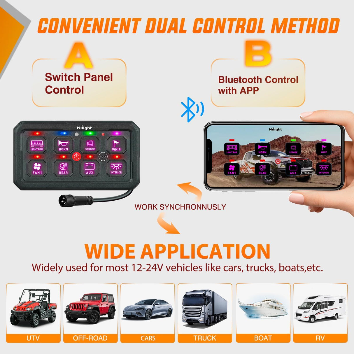 8 Gang Switch Panel Circuit Control Relay System APP RGB Backlight Fuse Wiring Harness Toggle Momentary Strobe Flash Modes Automatic Dimmable 12V 24V for Car Truck Camper SUV