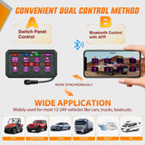 8 Gang Switch Panel Circuit Control Relay System APP RGB Backlight Fuse Wiring Harness Toggle Momentary Strobe Flash Modes Automatic Dimmable 12V 24V for Car Truck Camper SUV