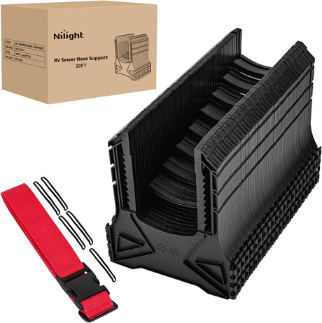 RV Sewer Hose Support 20Ft, Telescoping Design Avoid Obstacles and Height Adjustable for Camper Drainage, Easy to Set Up, Stable Deep U Shape Cradles Secure with Strap and Rubber Bands, Black