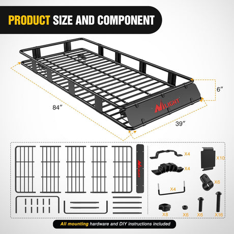 84 Inch x 39 Inch x 6 Inch Universal Roof Rack Cargo Basket Heavy-Duty 250LBS Capacity Rooftop Cargo Carrier with Cargo Net Ratchet Straps Luggage Holder for SUV Truck Vehicle