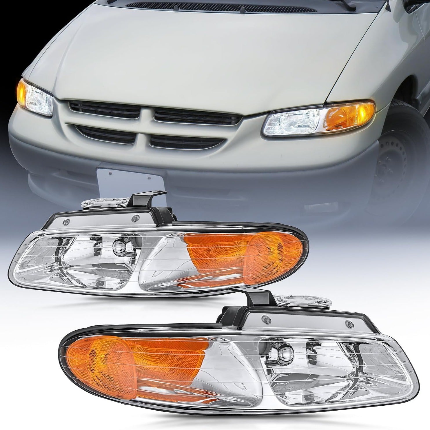 1996-1999 Chrysler Town & Country Dodge Grand Caravan Plymouth Grand Voyager Headlight Assembly Chrome Case Amber Reflector Nilight