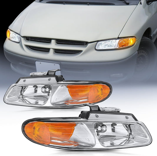 1996-1999 Chrysler Town & Country Dodge Grand Caravan Plymouth Grand Voyager Headlight Assembly Chrome Case Amber Reflector Nilight