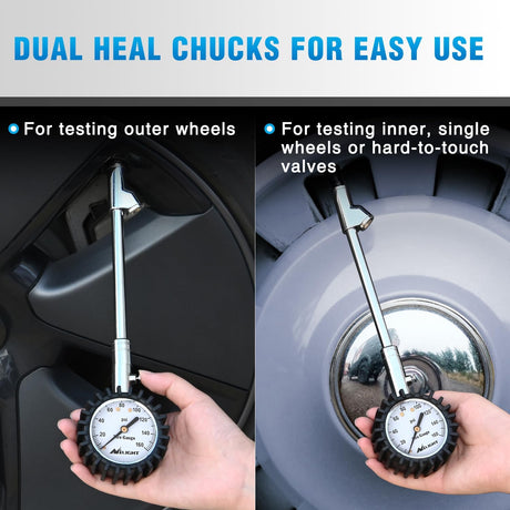 Tire Pressure Gauge 160PSI Heavy Duty Stainless Steel Dual Head Air Pressure Chucks ANSI B40.1 Certified Large 2 Inch Dial Wheel Checker for Truck Semi Truck ATV Motorhome Cars & RV Accessories