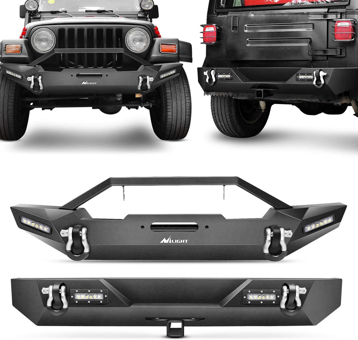 Front and Rear Bumper Compatible for 1987-2006 Wrangler TJ & YJ Rock Crawler Bumper with Hitch Receiver Winch Plate LED Lights D-Rings,Upgraded Textured Black