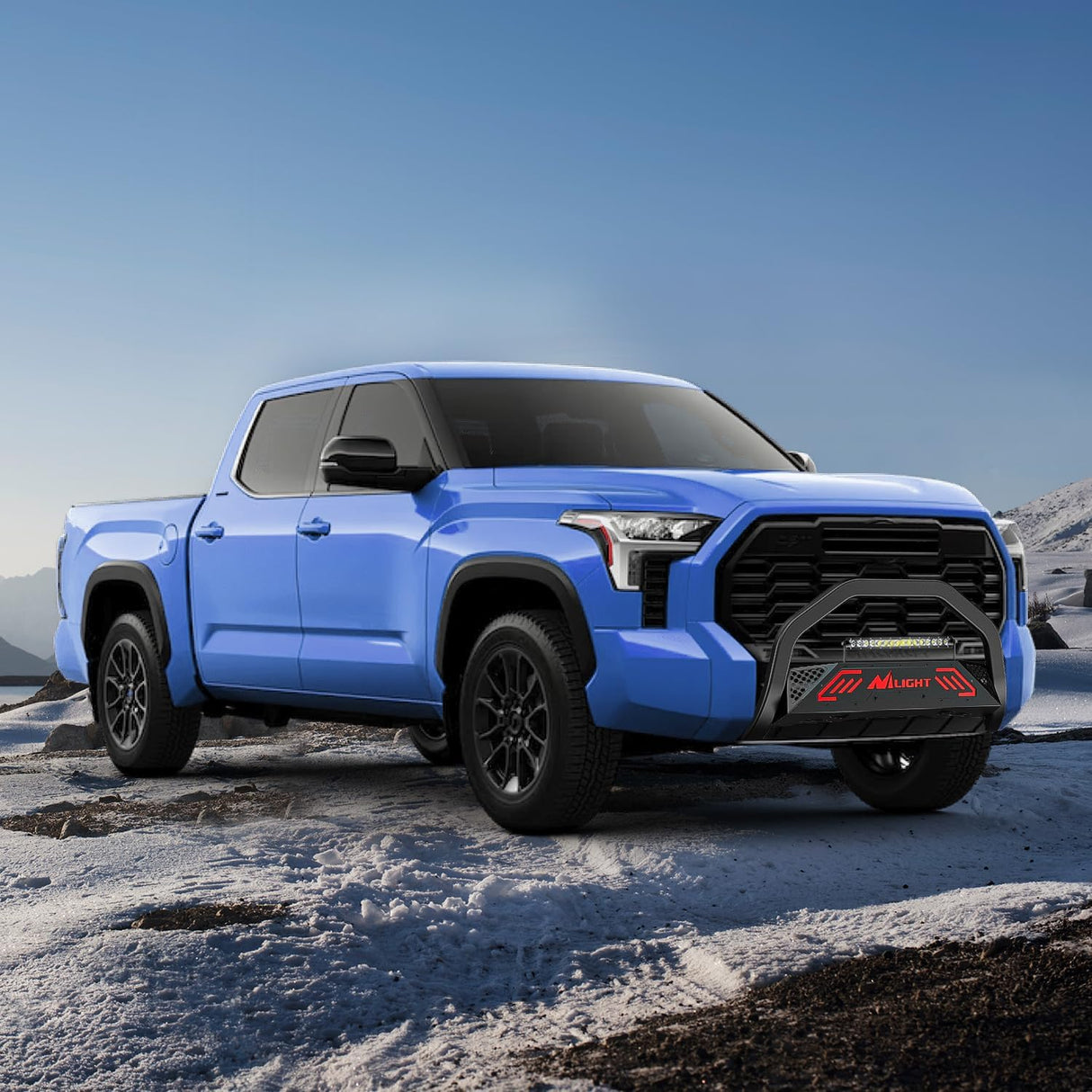 Bull Bar with Light Bar&License Plate Hole Compatible with Toyota Tundra 2022 2023 2024 Truck Brush Guard, Front Bumper Push Bar w/Grille Skid Plate Light Mount