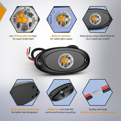 LED Rock Light 6PCS Amber Underglow Wheel Well Fender Pods Waterproof Exterior Underbody Roof Rack Side Lamps for 12V 24V Car Truck Pickups ATV UTV SUV Motorcycle Boat