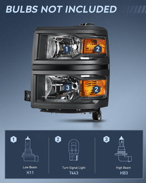 2014 2015 Chevy Silverado 1500 Headlight Assembly Black Housing Amber Reflector Nilight