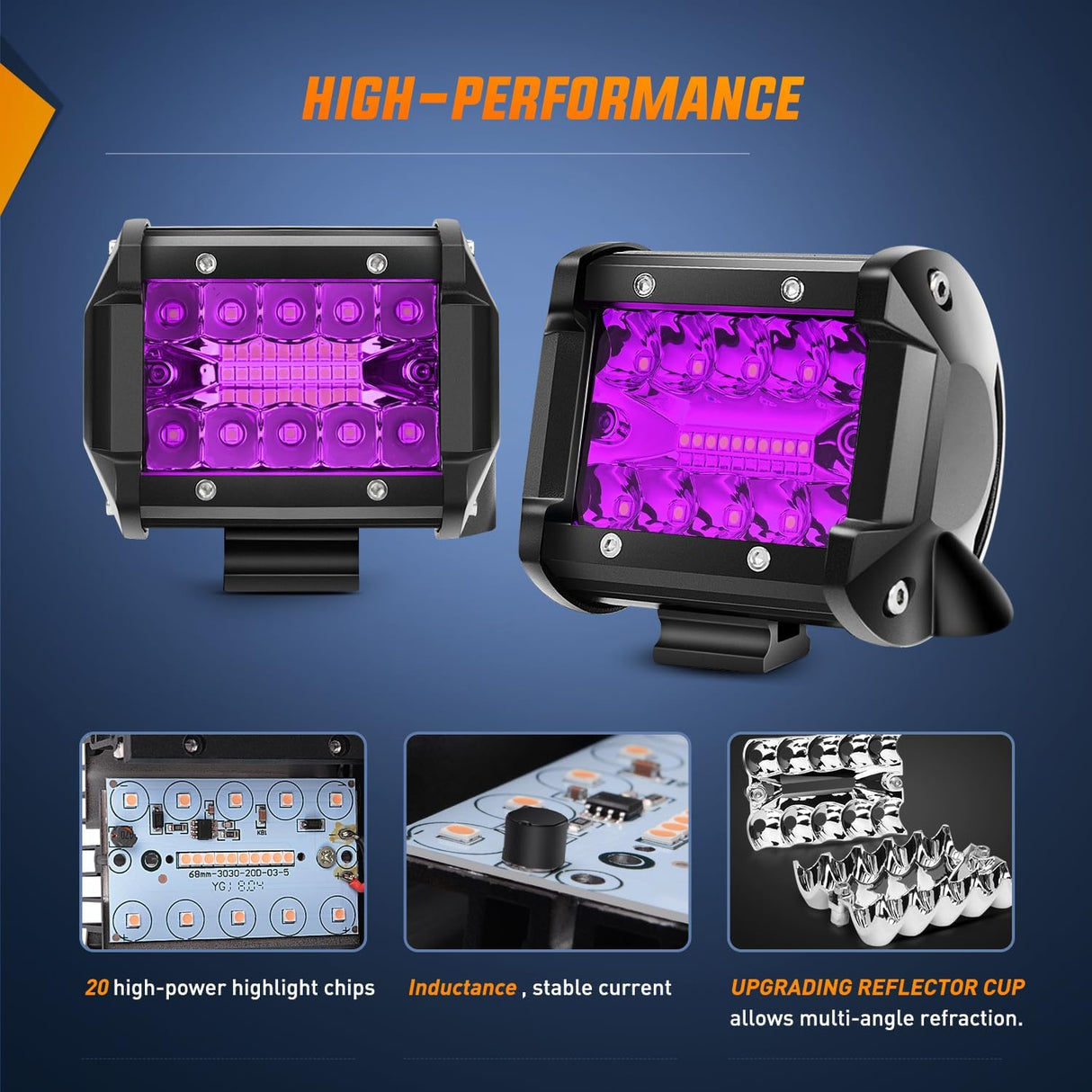 4 Inch LED Light Pods Purple Triple Row 2PCS 60W Flood Spot Combo Off Road Driving Decoration Neon Hunting Lighting for UTV Pick-up Van Boat Tractor