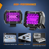 4 Inch LED Light Pods Purple Triple Row 2PCS 60W Flood Spot Combo Off Road Driving Decoration Neon Hunting Lighting for UTV Pick-up Van Boat Tractor