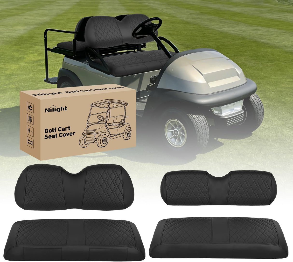 Golf Cart Seat Covers 2PCS Black Leather Club Car Precedent | Waterproof Leather No Staple Design All Season Protection Sun Scratch Resistant Cover Fits 2004-2019 Club Car Precedent