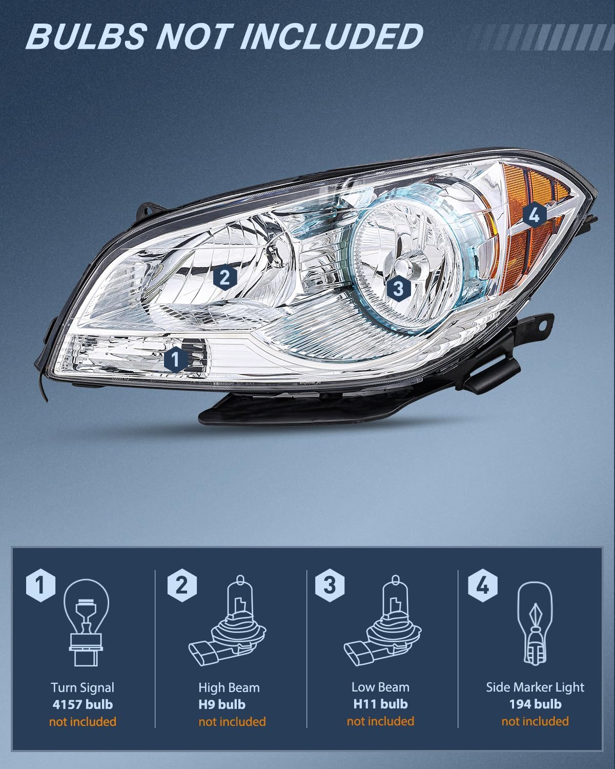 Headlight Assembly Compatible with 2008-2012 Chevy Malibu | 2008-2012 Chevy Malibu 4 Door Halogen Factory Headlamp Chrome Housing Amber Reflector Headlamp