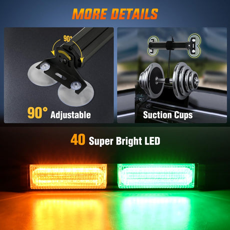 40LED Amber Green Emergency Strobe Traffic Advisor Light Bar with Suction Cups Dash Safety Warning Hazard Flashing Lights Interior Front/Rear Windshield for Trucks Construction Vehicles