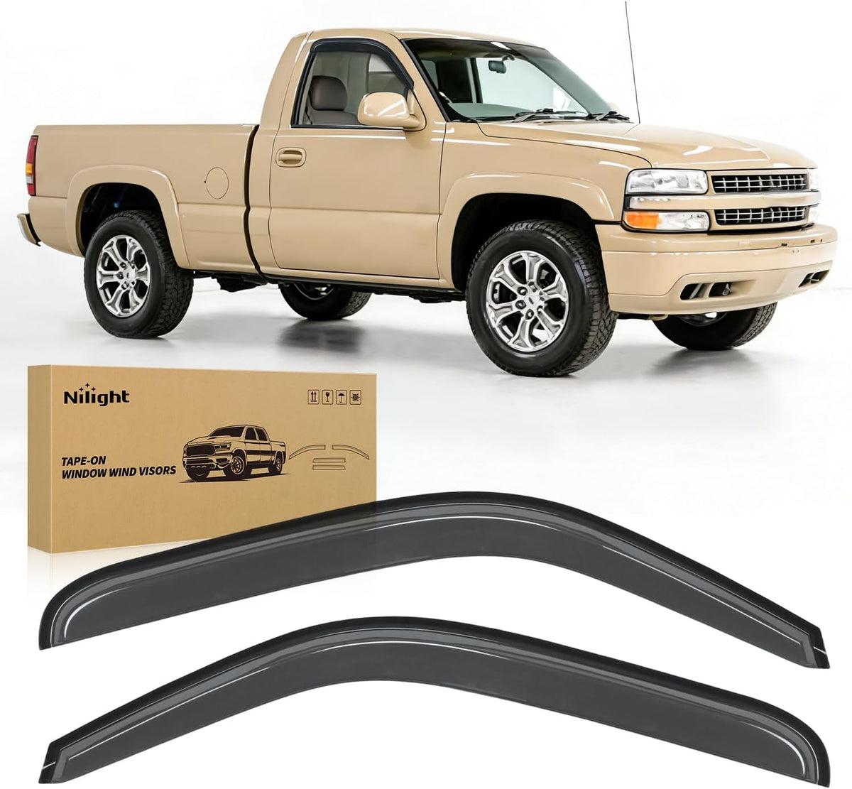 Window Visors for 1999-2007 Chevy Silverado/GMC Sierra 1500 | For 1999-2006 Silverado/Sierra 2500, 2001-2007 Silverado/Sierra 3500 Standard Cab, Outside Mount Rain Guards, 2PCS