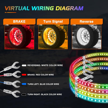 4PCS 17.5inch Double Row Wheel Ring Lights Dream Color with APP and Remote Control Neon Lights w/Turn Signal and Braking Function Dual Row for Car Van SUV Truck