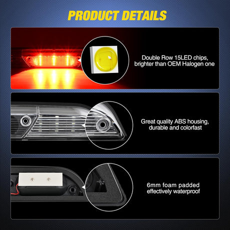 Third Brake Light Tail High Mount 3rd Stop Cargo Reverse Lights Clear Lens Compatible with Ford F150 2015 2016 2017 2018 2019 2020 Super Duty F250 F350 2017+ Ranger 2019+ Maverick 2022+