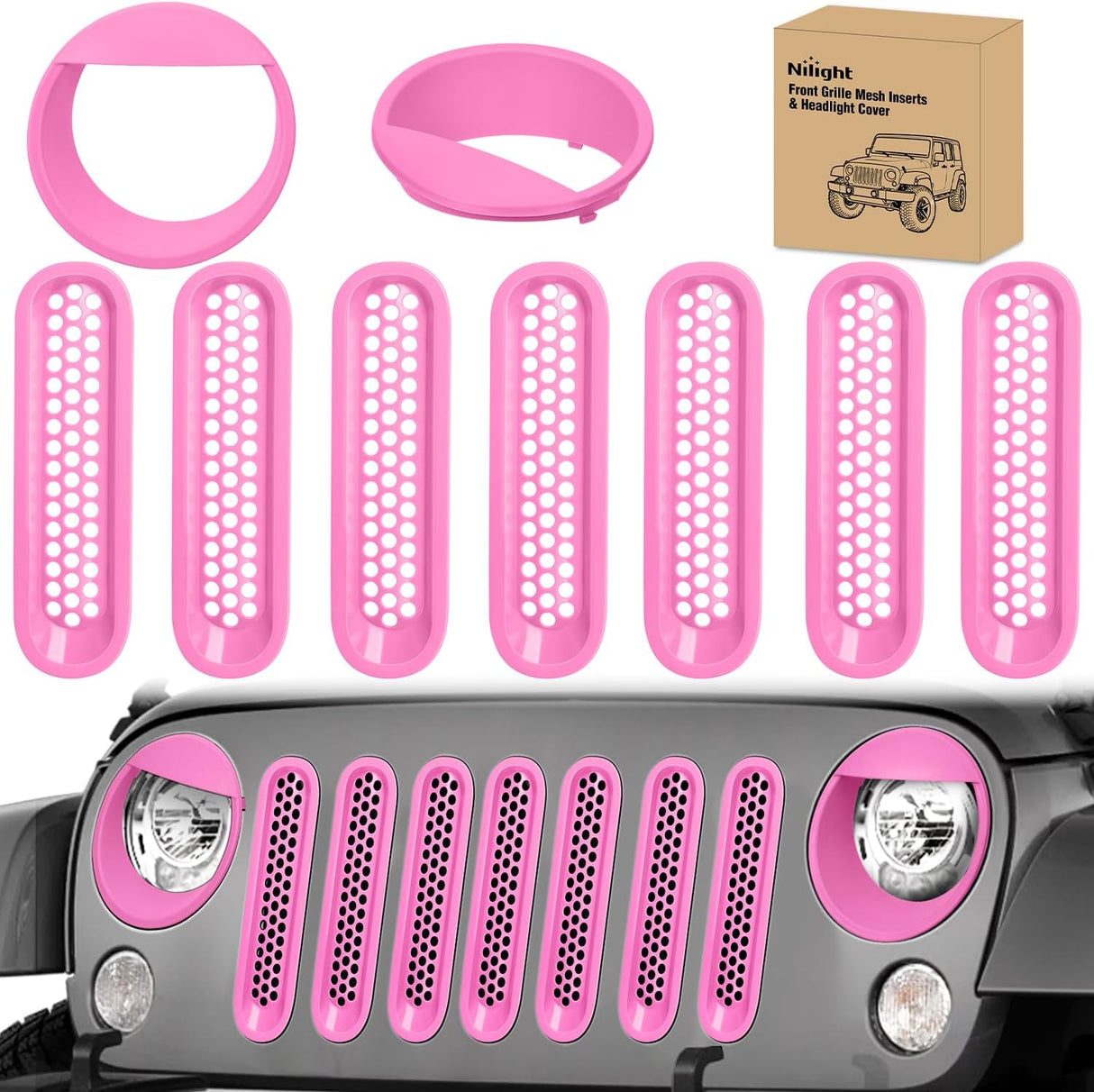 Grill Inserts fit for Jeep Wrangler Front Grille Mesh Inserts & Headlight Cover Set for JK JKU Unlimited Sports Sahara Freedom Rubicon 2007-2018 Clip-in Trim Exterior Accessories Pink 9 Pcs