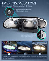 Headlight Assembly Compatible with 1998-2002 Chevy Chevrolet Camaro | 1998-2002 Chevy Chevrolet Camaro OE Style Halogen Replacement Headlamps Chrome Housing