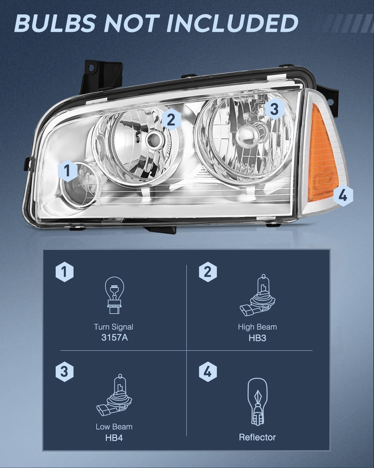 Headlight Assembly Compatible with 2006 2007 2008 2009 2010 Dodge Charger Chrome Housing Amber Reflector Clear Lens Headlights Replacement Bumper Lamp Set Driver and Passenger Side