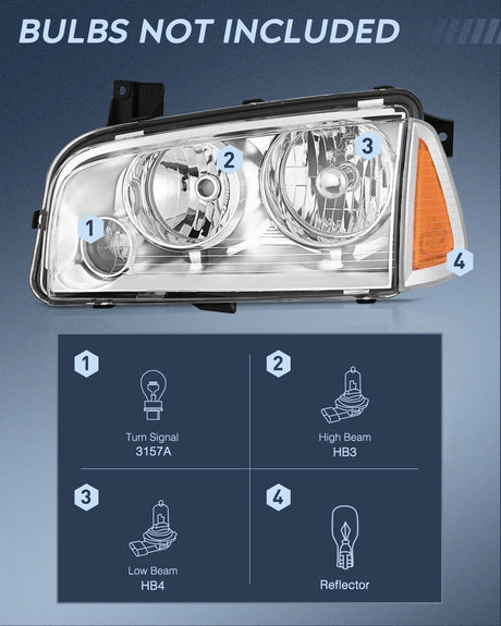 Headlight Assembly Compatible with 2006 2007 2008 2009 2010 Dodge Charger Chrome Housing Amber Reflector Clear Lens Headlights Replacement Bumper Lamp Set Driver and Passenger Side