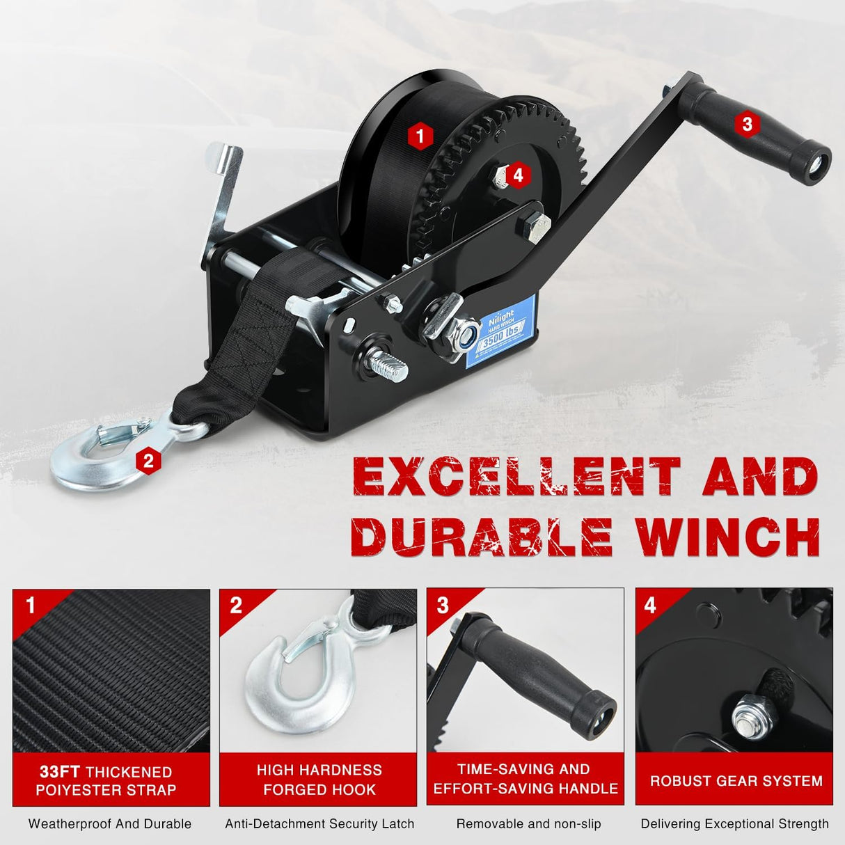Boat Trailer Winch 3500 Lbs Hand Crank Winch Heavy Duty Boat Winches with 33Ft Strap Rope Hook Two Way Ratchet 4:1 8:1 Gear Portable Marine Manual Winch for Trailers Boat RV ATV Jet Ski Towing