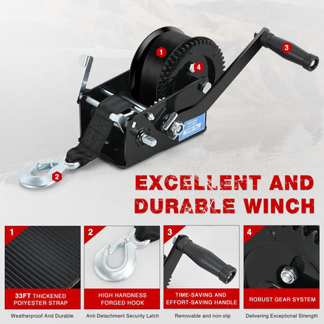 Boat Trailer Winch 3500 Lbs Hand Crank Winch Heavy Duty Boat Winches with 33Ft Strap Rope Hook Two Way Ratchet 4:1 8:1 Gear Portable Marine Manual Winch for Trailers Boat RV ATV Jet Ski Towing