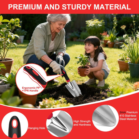 Gardening Tools 9-Piece Heavy Duty Garden Tool Set Gardening Supplies Gifts for Women Men Gardening Hand Tool Kit with Non-Slip Ergonomic Handle, Garden Bag, Durable Gloves, Pruning Shears, Red