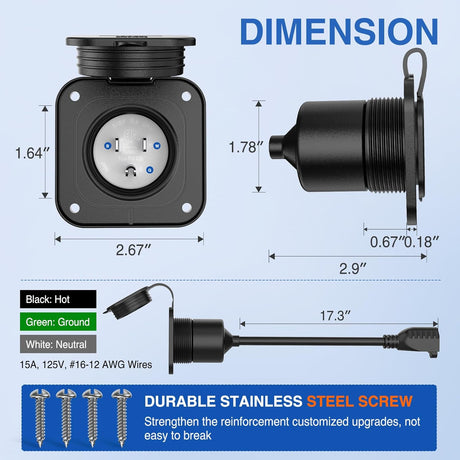 15 AMP RV Power Flanged Inlet 125V AC Port Shore Receptacle with Extension Cord ETL Listed NEMA 5-15P Plug 5-15R Female Outlet for RV Camper Generator Shed Motorhome