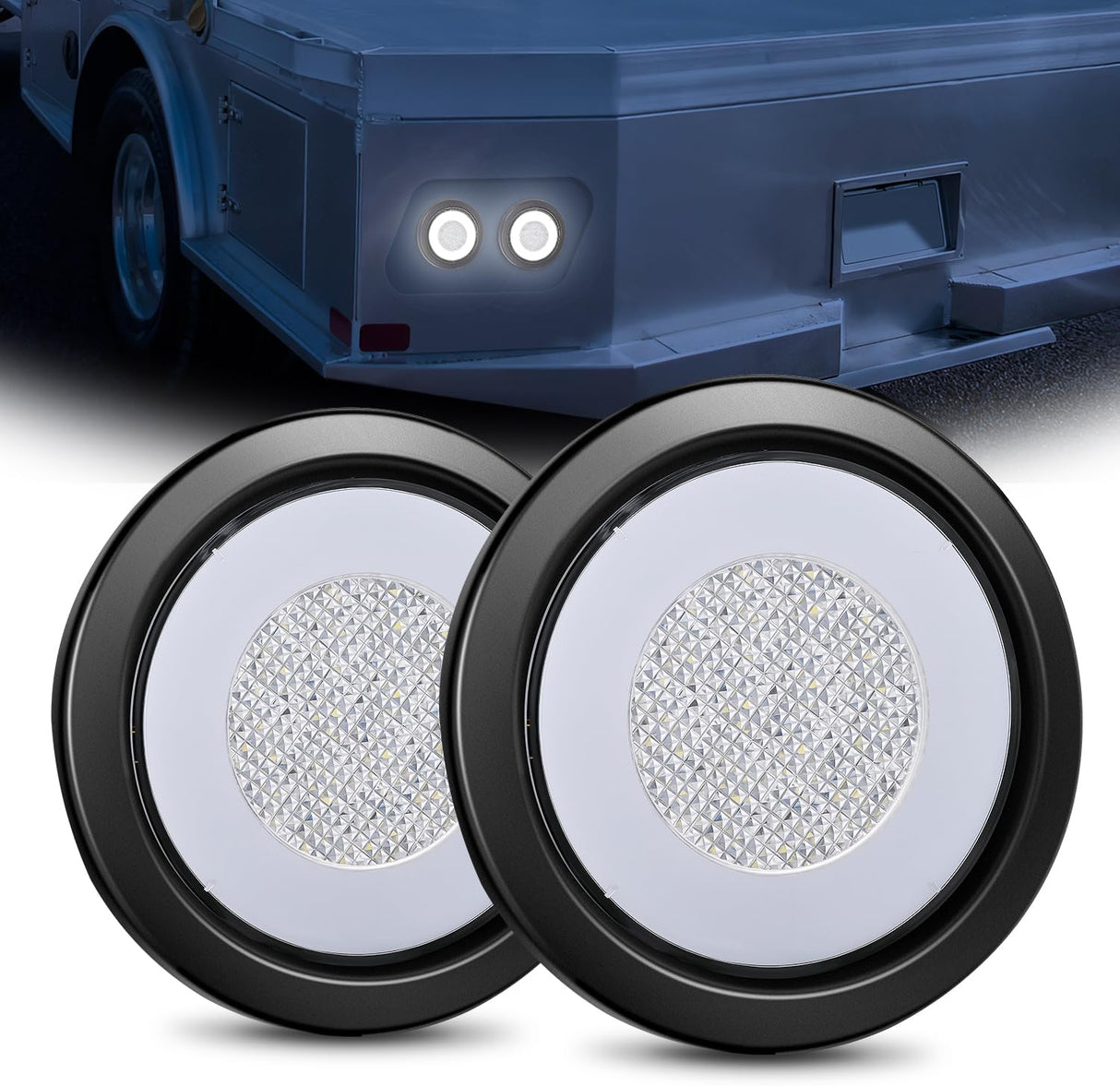 Trailer Tail Lights 2PCS 4Inch Round 32LED White Halo Ring | Grommet Mount IP67 Waterproof Marker Clearance Reverse Backup Running Taillights for Trailer Truck Pickup Camper RV