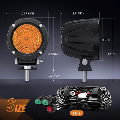 Amber LED Light Pods 2 PCS 3 Inch Flood Round Offroad Driving Auxiliary Fog Lights Built-in EMC w/18AWG DT Wiring Harness Kit for Motorcycle SUV ATV Truck Boat