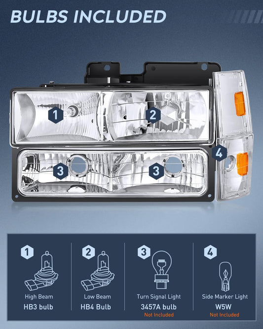 1988-1993 Chevrolet GMC C/K 1988-1993 Silverado Suburban Sierra Blazer Tahoe Yukon Headlight Assembly Chrome Case Amber Reflector Nilight