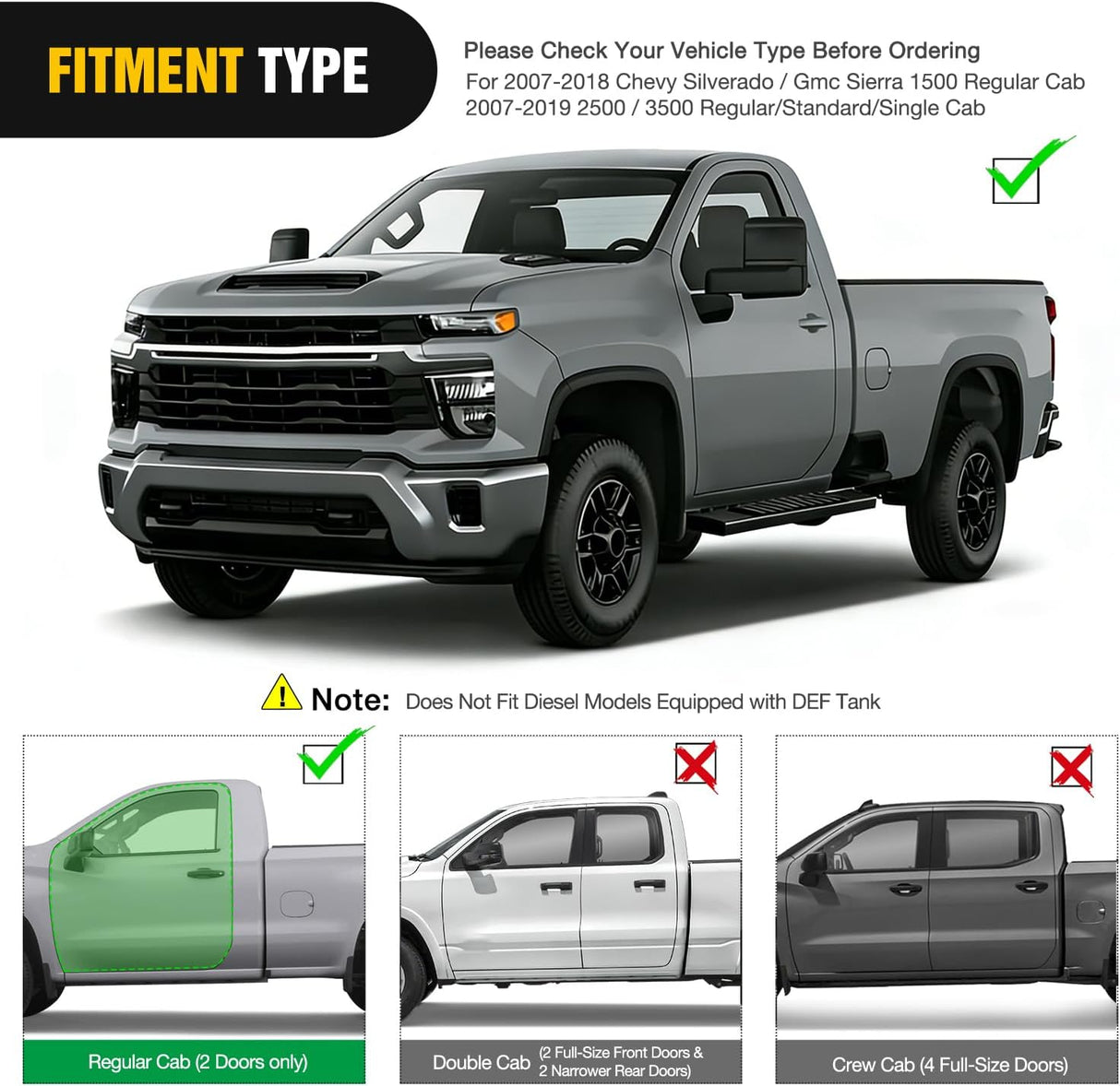 Running Boards for 2007-2018 Chevrolet Silverado GMC Sierra 1500HD 2007-2019 Chevy Silverado GMC Sierra 2500HD 3500HD Regular Standard Single Cab 6 Inch Side Step Nerf Bars Stainless Steel