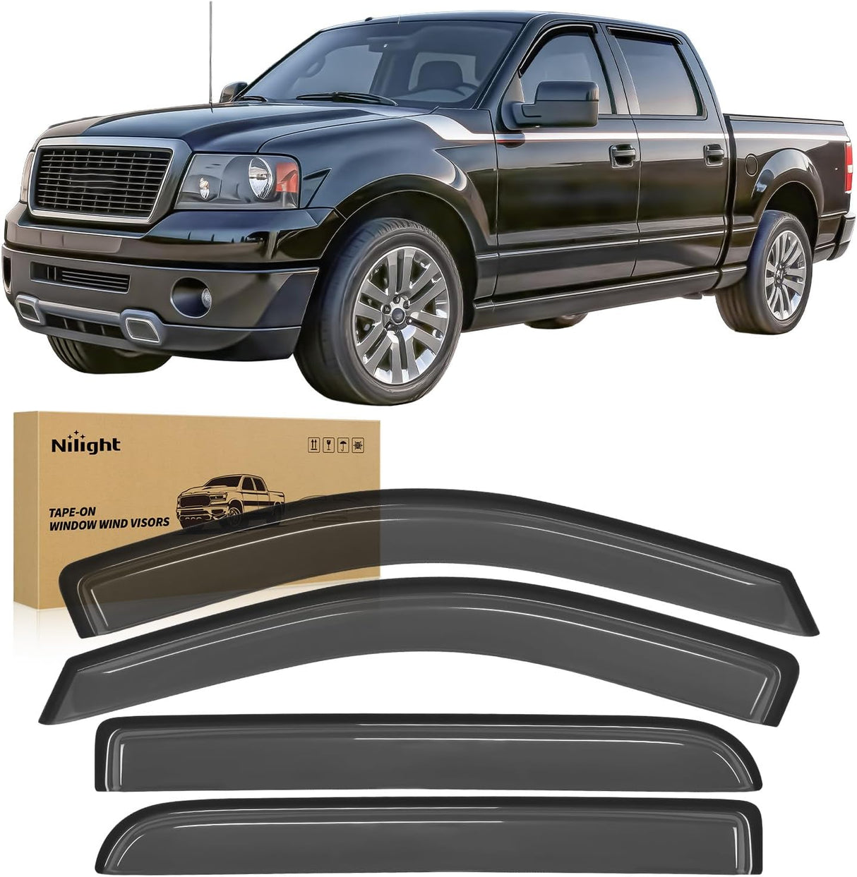 Out-Channel Rain Guards for Ford F150 Crew Cab 2004-2008, 4PCS | Tape-On Smoke Window Visors, Helps Reduce Wind Noise, Fits F150 2004 2005 2006 2007 2008, Lincoln Mark LT 2006 2007 2008