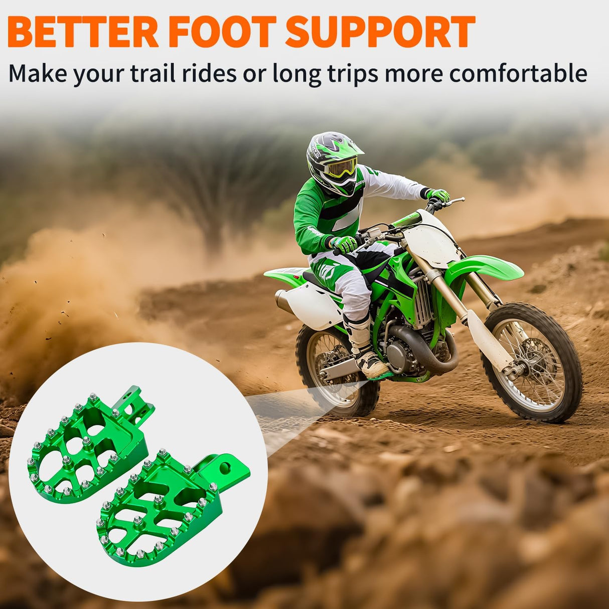 Motorcycle Foot Pegs Dirt Bike Footpegs Fit for Kawasaki KLX110 2002-2023 KLX110L 2010-2023 KX60 1998-2003 CNC Foot Pegs for Motorcycles Heavy Duty Aluminum Alloy Foot Rests, Green