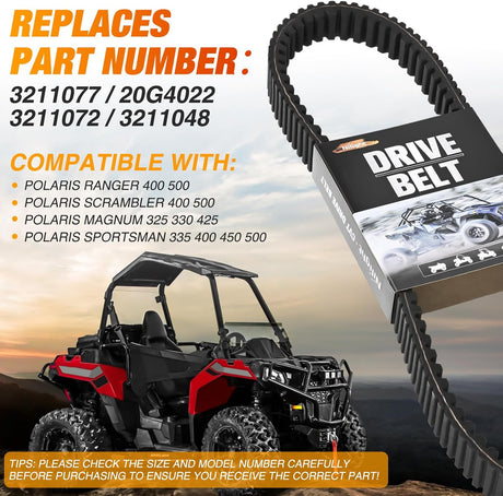 Drive Belt 3211072 3211077 Performance ATV CVT Belts Compatible with Polaris Sportsman 400 450 500 Scrambler Magnum Ranger 500 XP 875 Xplorer 4x4 Aramid Belt Replaces 20G4022 3211048, 1 Pack