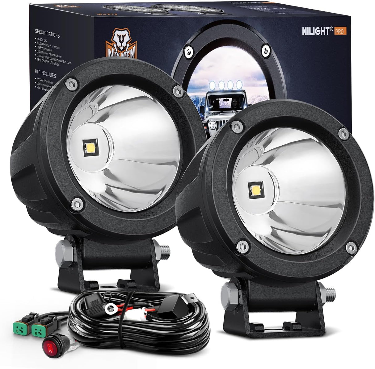LED Light Pods 2 PCS 3 Inch Spot Round Offroad Driving Auxiliary Fog Lights 1065LM Built-in EMC w/18AWG DT Wiring Harness Kit for Motorcycle SUV ATV Truck Boat