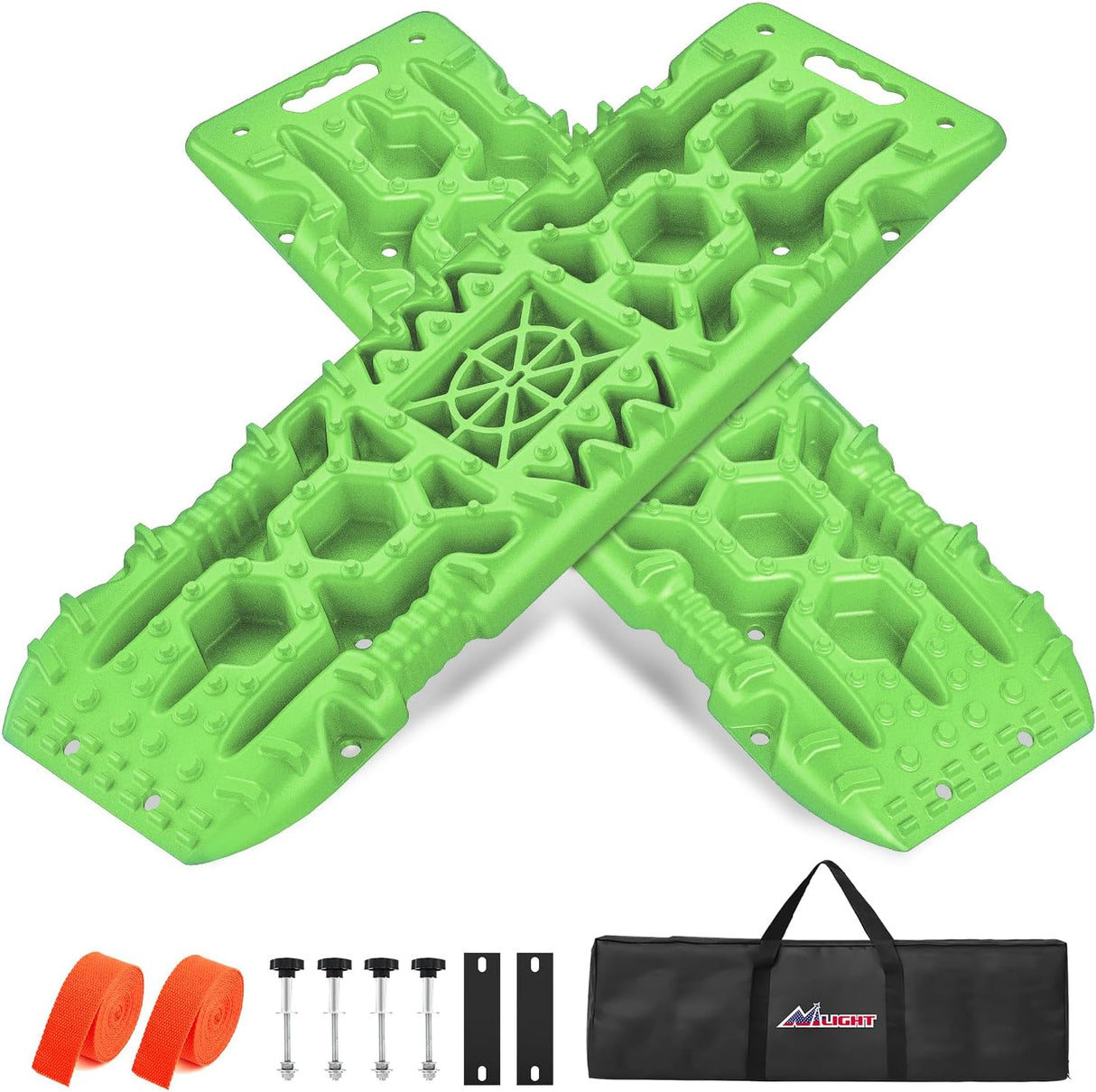 Recovery Off-road Traction Boards with Jack Lift Base Emergency Tire Ladder Mats For 4WD 4X4 Mud Sand Snow with 2PCS Mounting kit Carry Bag 2 leashes (Green)