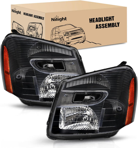 Headlight Assembly Compatible with 2005 2006 2007 2008 2009 Chevy Equinox SUV OE Style Replacement Headlights Black Housing Amber Reflector Headlamp Passenger and Driver Side