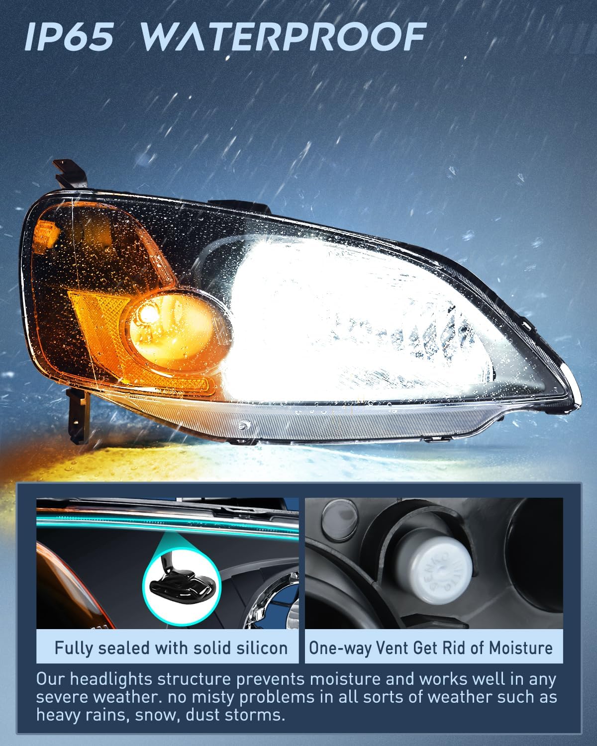 2001-2003 Honda Civic Headlight Assembly Black Case Amber Reflector Clear Lens Nilight