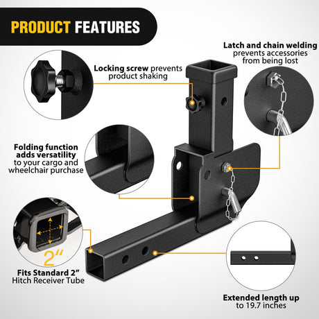 Trailer Hitch Folding Extender Mount Shank 16.54 Inch Compatible with Wheelchair Cargo Carrier Adapter for 2 Inch Receiver Trailer Hitch 500lbs Black Powder Coated