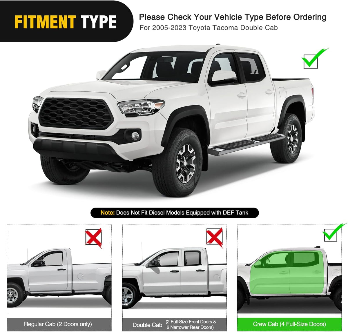 Running Boards for 2005-2023 Toyota Tacoma Double Cab 4 Full Size Doors 6 Inch Stainless Steel Bolt-on Side Step Nerf Bars