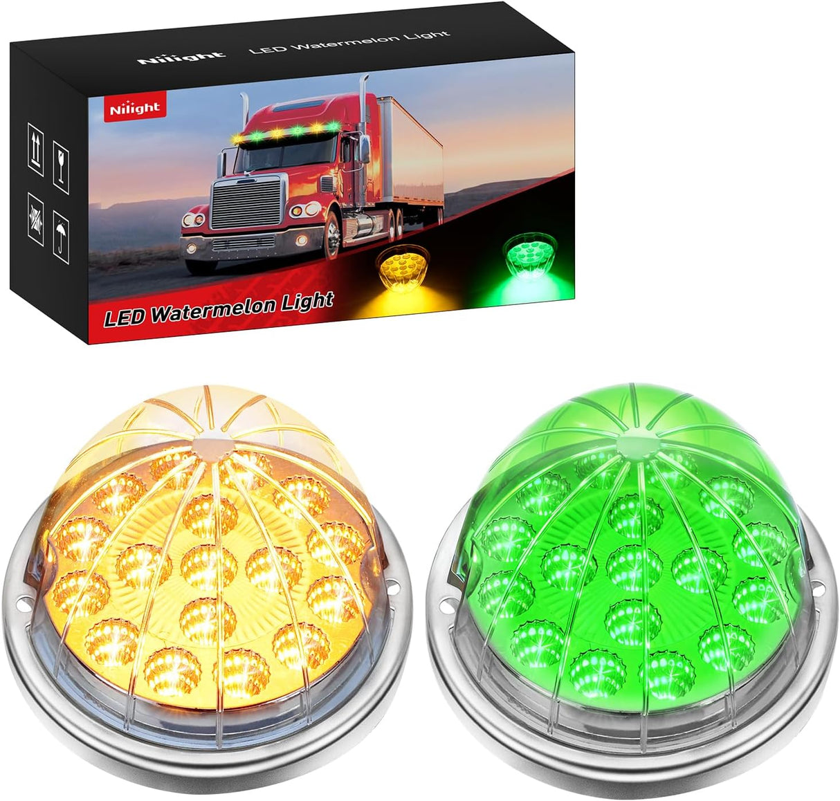 Dual Color Watermelon Light 2PCS 17 LED Amber Green Marker Lights | Stainless Bezel Side Marker Clearance Turn Signal 4 Pin IP68 Waterproof Fits Trailers Trucks Campers RVs ATVs UTVs Boats