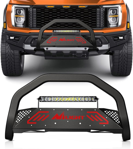 Bull Bar with Light Bar&License Plate Hole Compatible for Ford F-150 F150 2004-2026 Truck Brush Guard, Front Bumper Push Bar w/Grille Skid Plate Light Mount