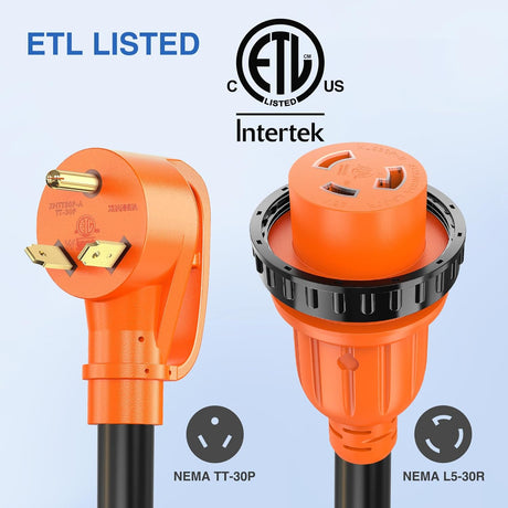 RV Locking Adapter Cord with Circuit Breaker Overload Protector 30 Amp to 30Amp Plug 110V Electrical 10 Gauge Wire ETL Listed TT-30P to L5-30R 30M/30F Weatherproof for RV Camper Caravan Van